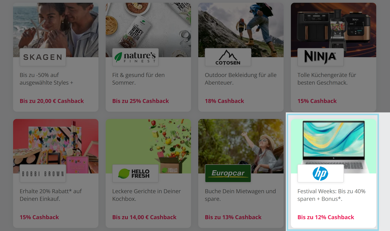 TopCashback Angebotsliste